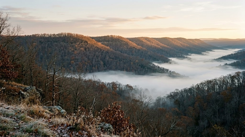 Fog-filled creek bottoms below hardwood ridges at dawn in November hill country, the kind of terrain hunters learn to read on a topo map for deer hunting.