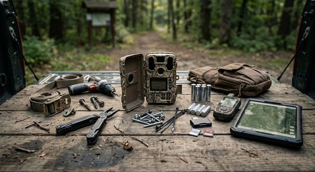 hunting gear related to how to set up trail cameras on public land arranged on a weathered truck tailgate.