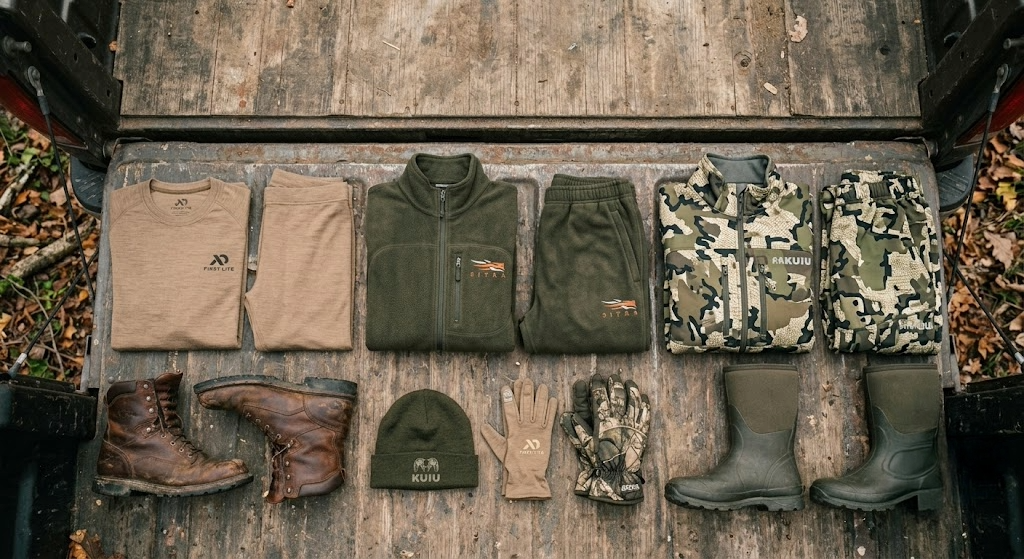Complete three-layer deer hunting clothing system laid out on a truck tailgate showing base layer, fleece mid layer, soft-shell outer layer, pants, boots, gloves, and beanie in order