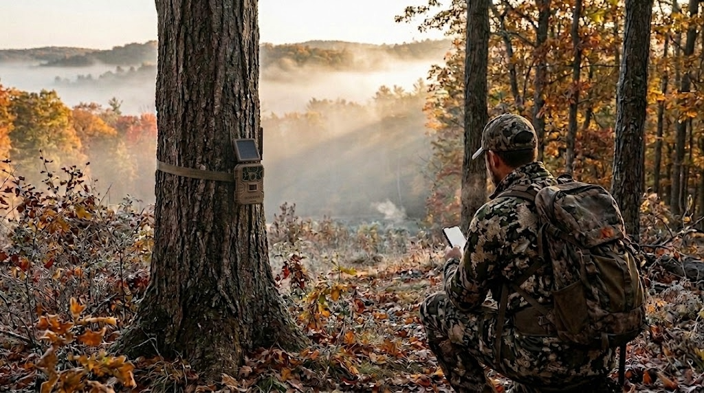 Hunter facing away in a dramatic scene depicting Muddy Matrix 2.0 Cellular Trail Camera Review: A Full-Season Field Test on public hunting land during early morning golden hour light