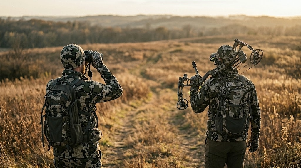 Two hunters in camouflage walking away across a wide wild landscape at golden hour on a guided hunt, one carrying binoculars and one with a bow for top whitetail outfitters Iowa