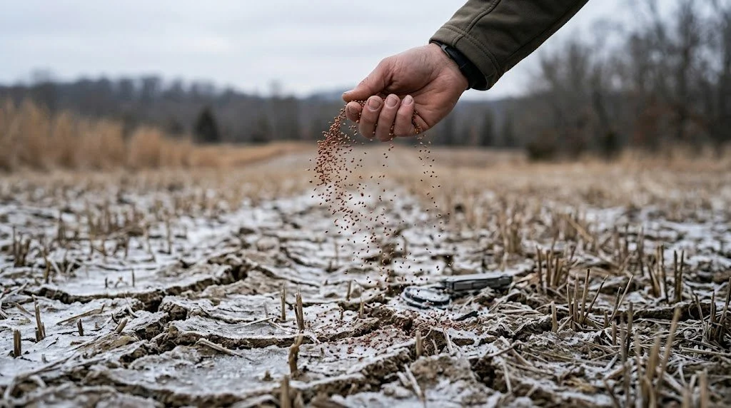 Hunter's hand broadcasting clover seed over freeze-thaw cracked soil in early March during frost seeding with dormant stubble.