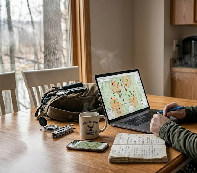 Hunter at a kitchen table studying a topo map on a laptop screen with colored pins marking terrain features and orange pressure-zone circles around parking lots with a notebook and coffee mug nearby