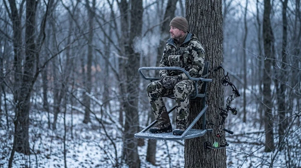 Bowhunter in a treestand on a cold late-season morning with visible breath and frost on the stand platform showing the base layer collar above a full layering system