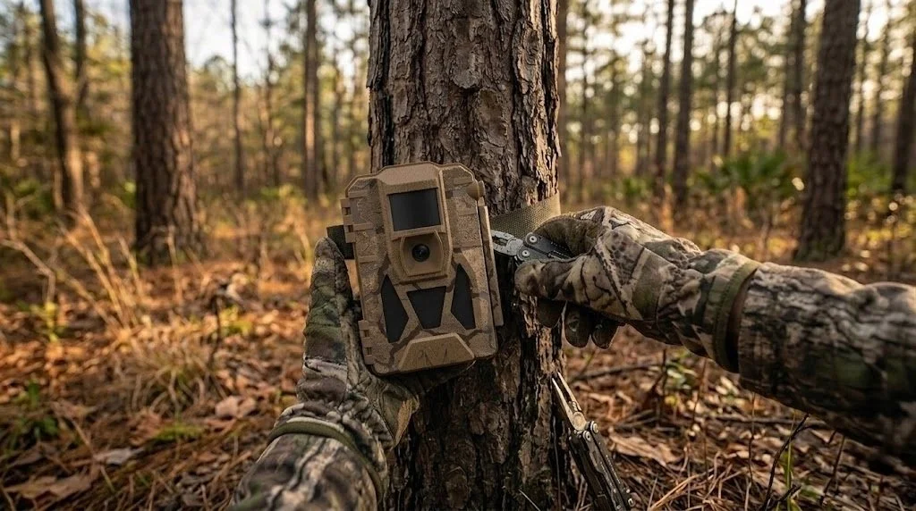 hunter facing away from camera **Alt text:** Close-up of a hunter's gloved hands using best trail camera for public land gear in a natural forest setting during golden hour