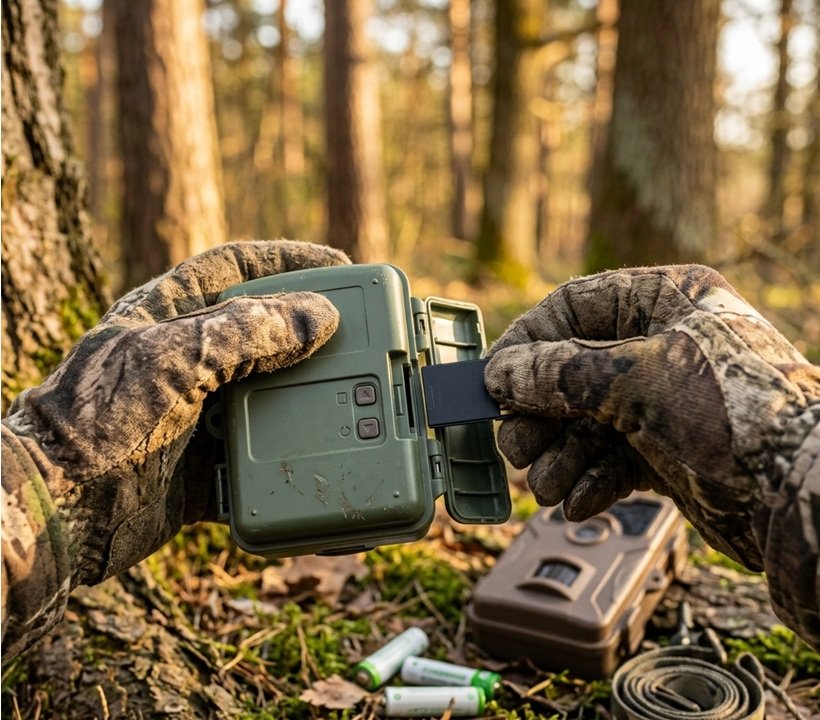Close-up of a hunter's gloved hands using best budget trail cameras under $100 gear in a natural forest setting during golden hour.