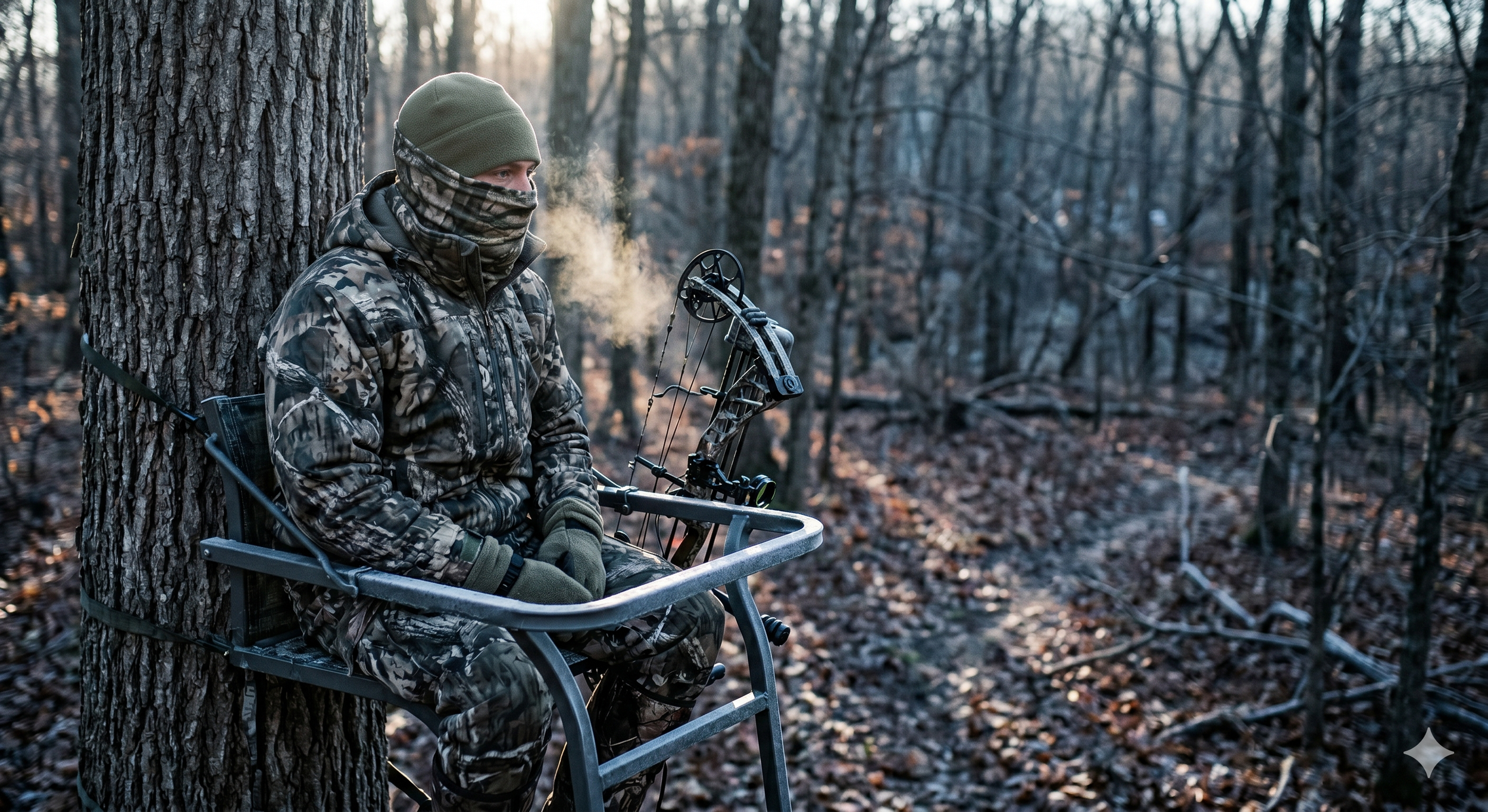 Bowhunter in a treestand on a cold November morning wearing a full layering system with visible breath, frosted stand platform, and a compound bow hanging from a hook