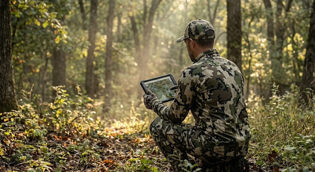Solo hunter in camouflage facing away while applying how to scout public land strategy on natural public hunting land during early morning light