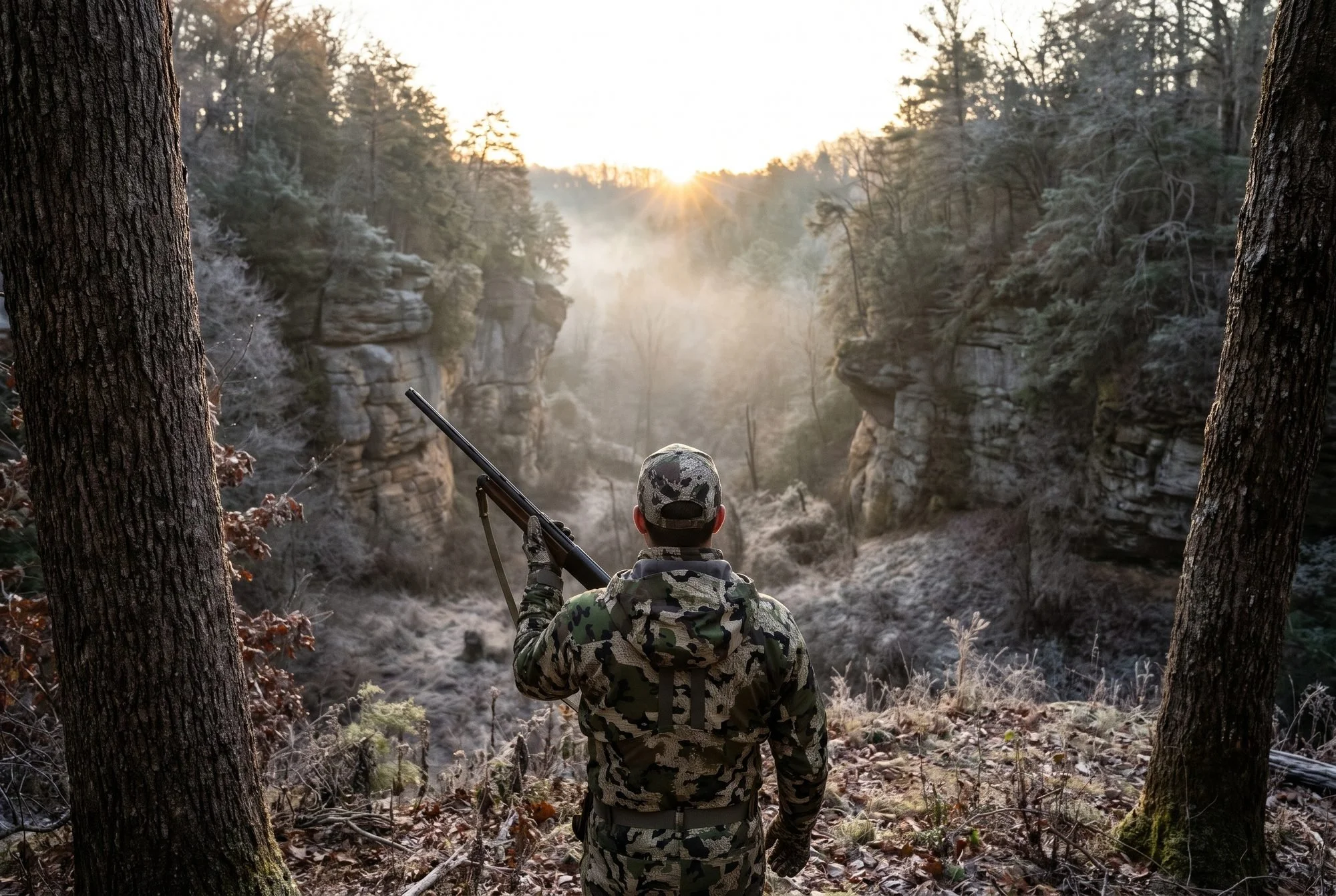 Hunter in camo with a shotgun on his shoulder gazes over a misty, sunrise-lit valley of sandstone bluffs and bare winter.