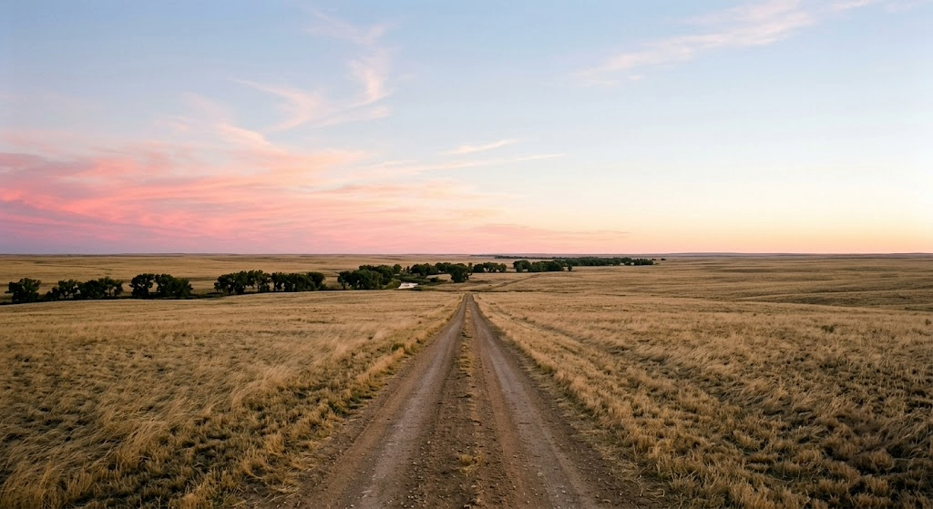 Cimarron National Grassland shortgrass prairie at sunrise with the Cimarron River cottonwood corridor visible in the middle distance and a vast Kansas sky taking up two thirds of the frame