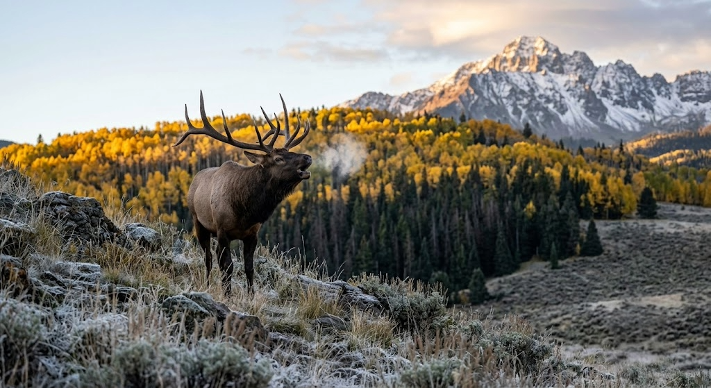 Mature 6x6 bull elk bugling on a Colorado alpine bench at first light in mid-September with golden aspen groves, dark timber, and snow-capped peaks in the distance.