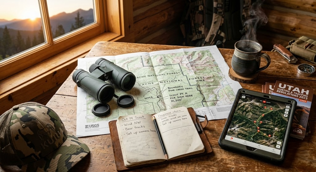 A wooden table with a map, binoculars, a notebook, a cup of coffee, a camouflage hat, a tablet showing a trail map, and hunting magazines. A window shows a scenic mountain view at sunset.