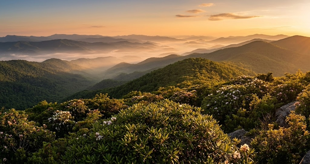 Sweeping panoramic vista of Pennsylvania public hunting land showing Appalachian ridgeline covered in mountain laurel, misty valley below under golden hour light