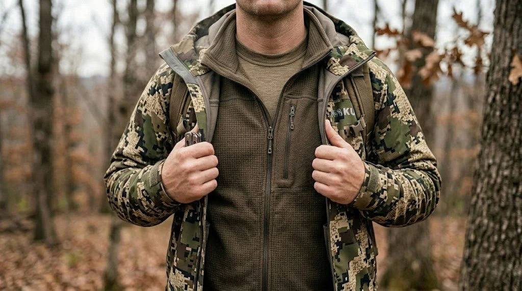 Close-up of a three-layer hunting clothing system showing base layer collar, fleece mid layer, and outer shell jacket unzipped to reveal the layering stack
