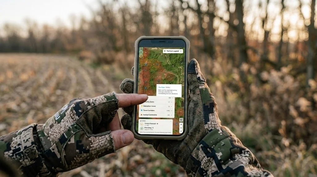 Close-up of a hunter's gloved hands holding a smartphone displaying a topographic tactical map while scouting a trail junction on Ohio public land
