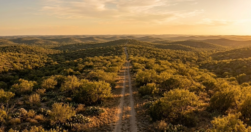 Sweeping panoramic vista of Texas public hunting land showing mesquite brush country, rolling South Texas sendero, warm late-afternoon light under golden hour light