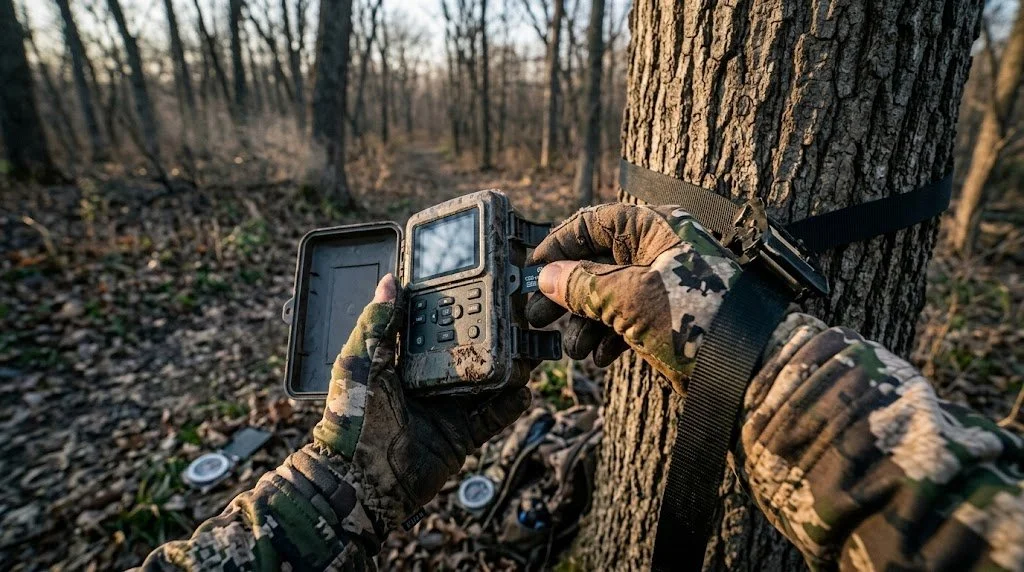 Close-up of a hunter's gloved hands using how to set up trail cameras on public land using a card reader to look at trail camera images.