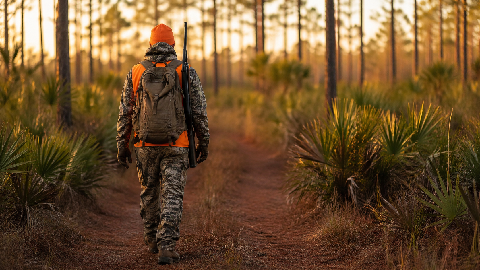 Hunter in camouflage walking away down a narrow trail through Georgia public hunting land with a rifle slung over shoulder during golden hour sunrise
