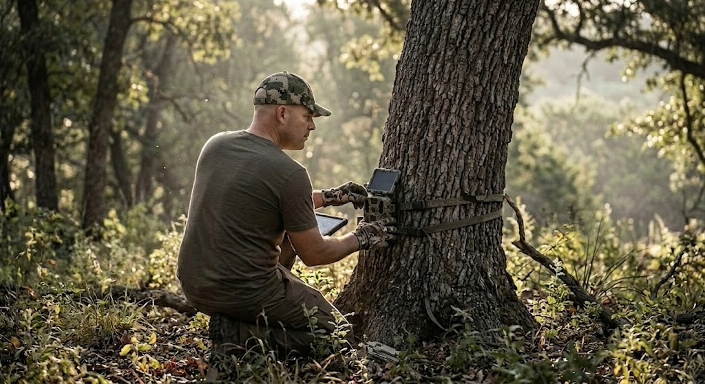 hunter facing away from camera **Alt text:** Hunter facing away while field testing best trail camera for public land gear on natural public hunting land terrain