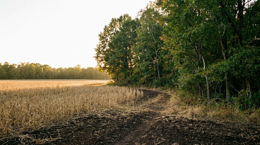 Alabama Black Belt agricultural field edge at golden hour showing rich dark soil, a hardwood timber inside corner, and a worn deer trail entering the tree line