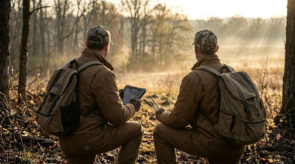 Hunter facing away in a dramatic scene depicting Why Your Best Food Plot Plans Should Start Now on public hunting land during early morning golden hour light