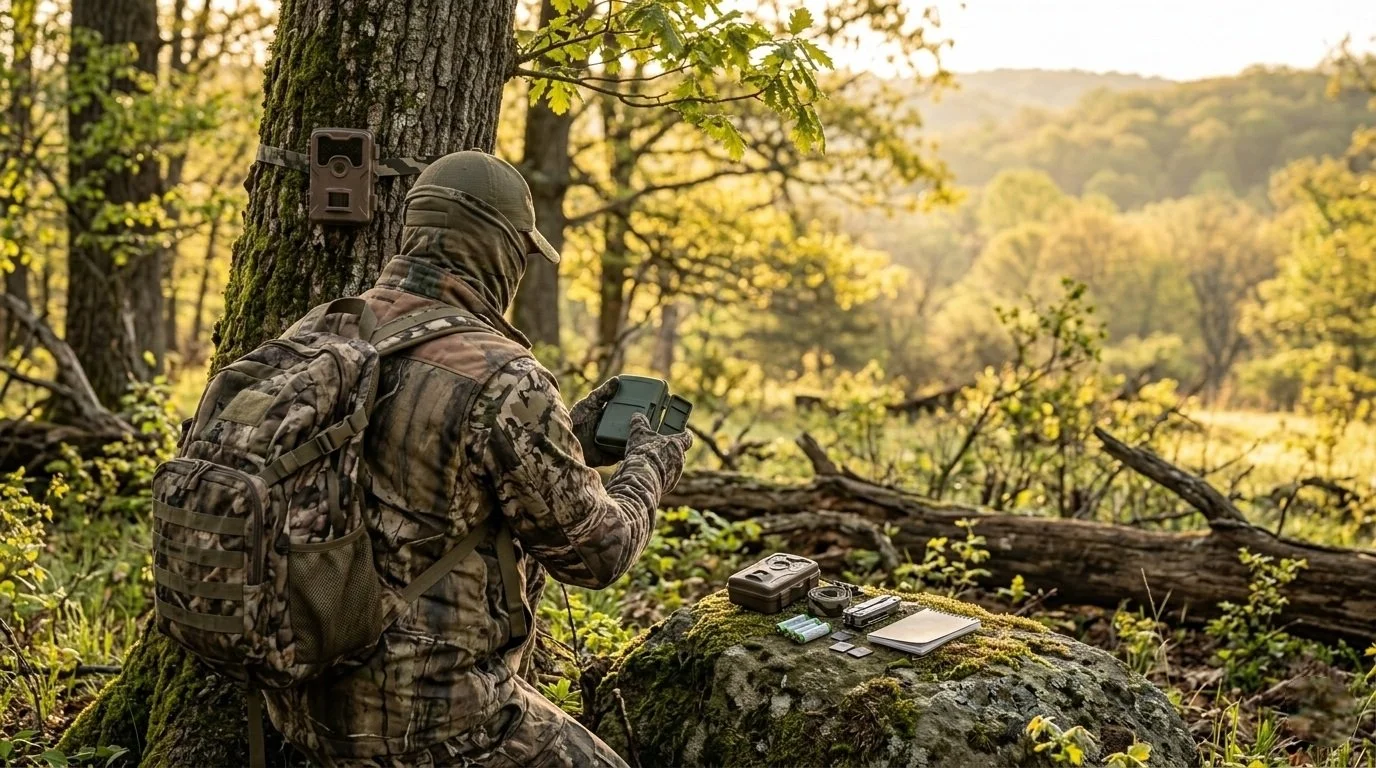 Hunter facing away while field testing best budget trail cameras under $100 gear on natural public hunting land terrain