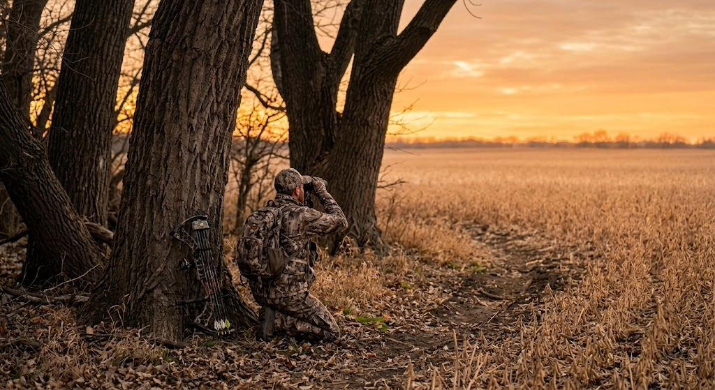 Bowhunter kneeling at a Kansas river bottom timber edge glassing a harvested soybean field at last light with a compound bow leaning against a cottonwood tree and a deer trail entering the field at an inside corner
