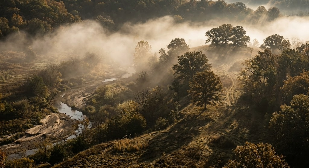 Atmospheric moody shot of public hunting land at dawn with fog, long shadows, and dramatic natural light evoking the concept of how to scout public land