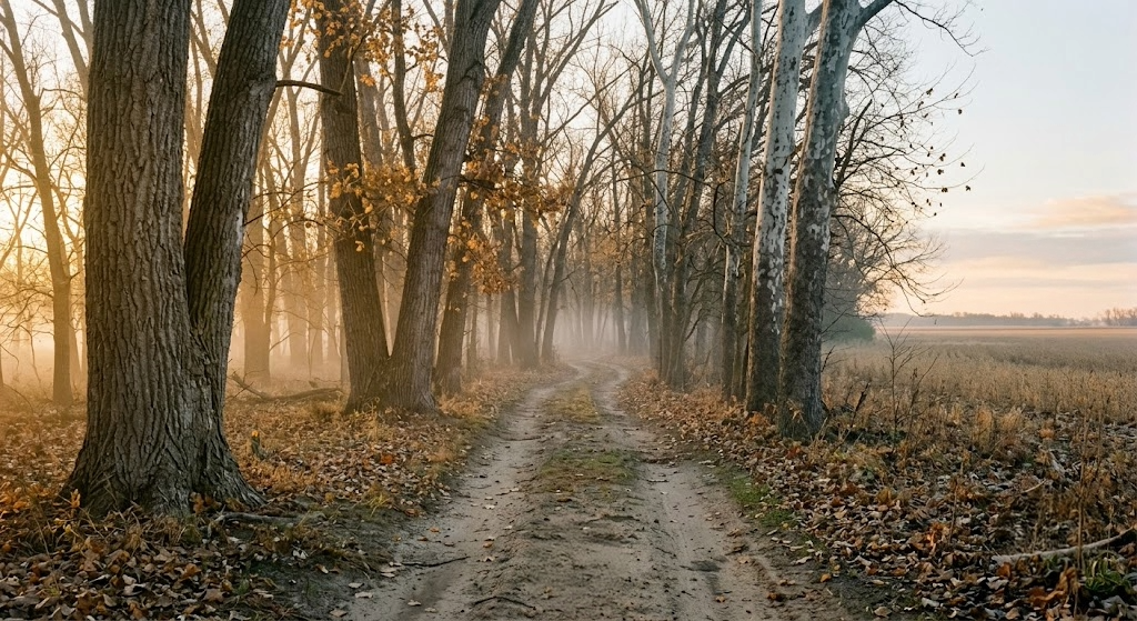 Kansas river bottom timber corridor at dawn in November with cottonwood and sycamore trees, fog drifting through the trunks, a soybean field visible through the tree line, and a deer track in the sandy trail