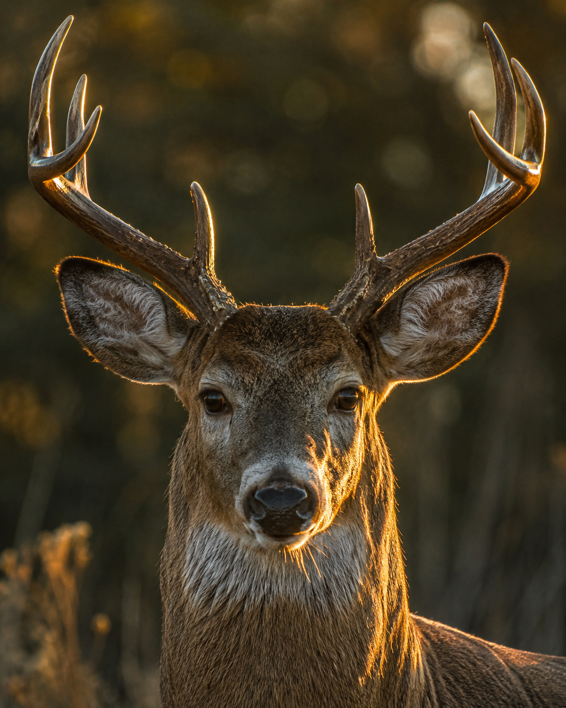 Dramatic close-up portrait of a whitetail making eye contact with the camera, golden hour rim lighting on fur