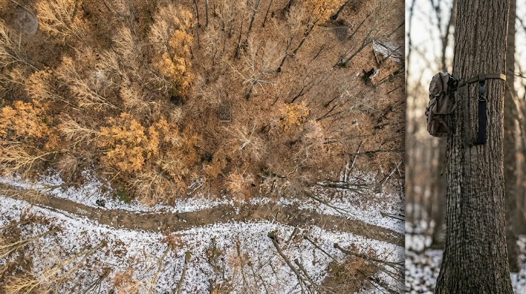 Aerial view of a small Iowa WMA timber block surrounded by harvested soybean fields showing deer trails exiting the timber into crop stubble with a single truck at the parking area.