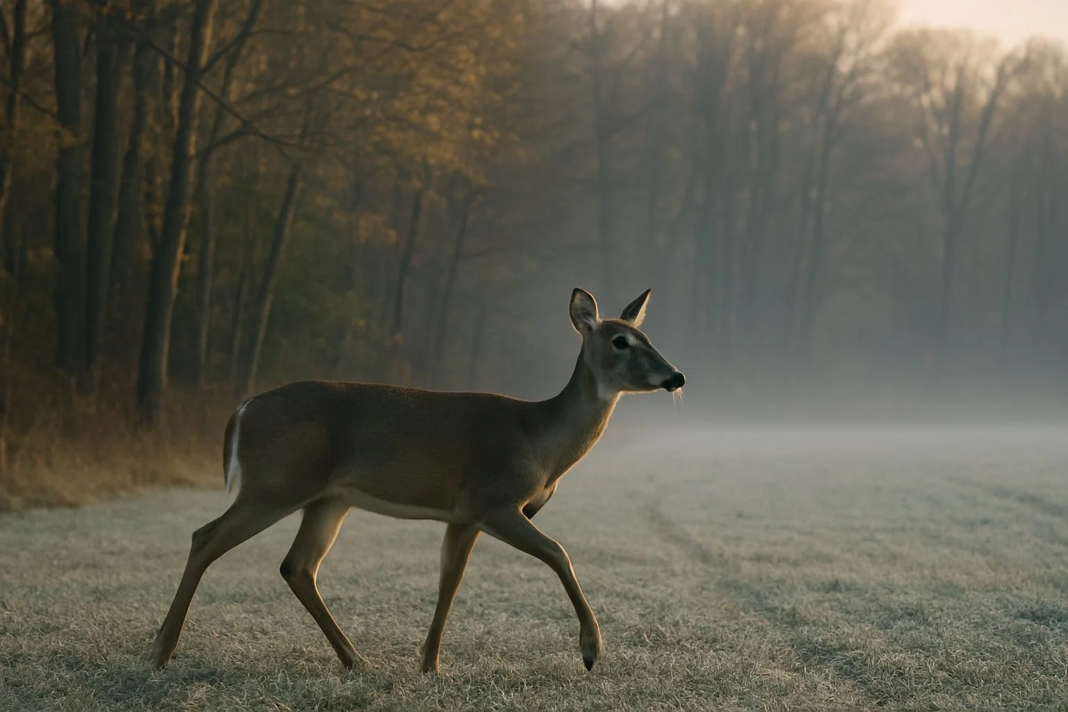 A deer walks across a frost-covered field at dawn, with mist drifting past the bare trees at the forest edge.
