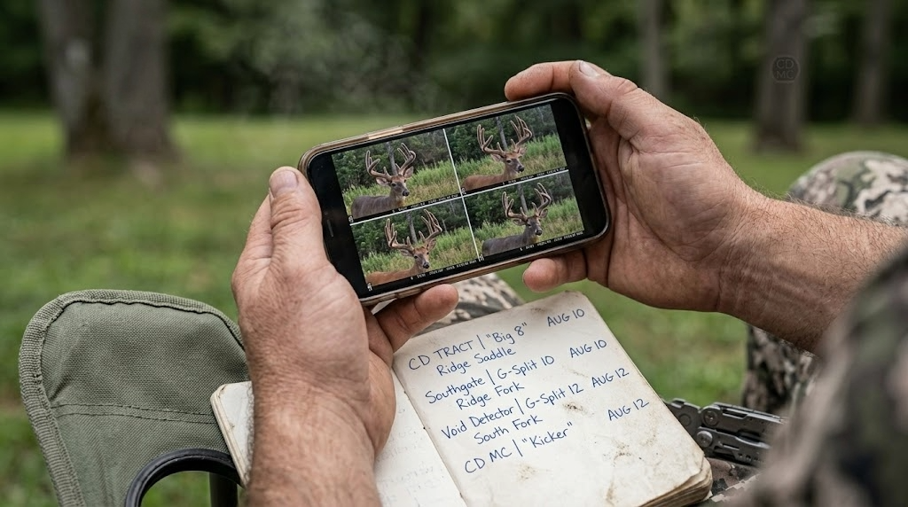 Hunter's hands holding a phone showing a grid of four velvet buck trail camera photos with a notebook and pen on the camp chair armrest for hit list planning