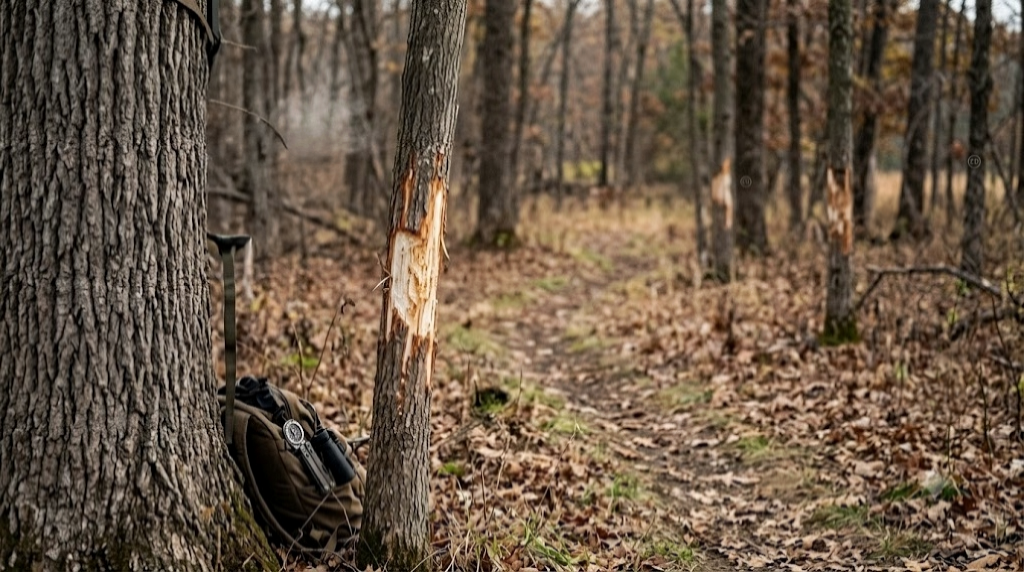 Narrow creek crossing on public hunting land with multiple deer tracks pressed into the mud banks on both sides showing regular two-way travel with trails leading into timber