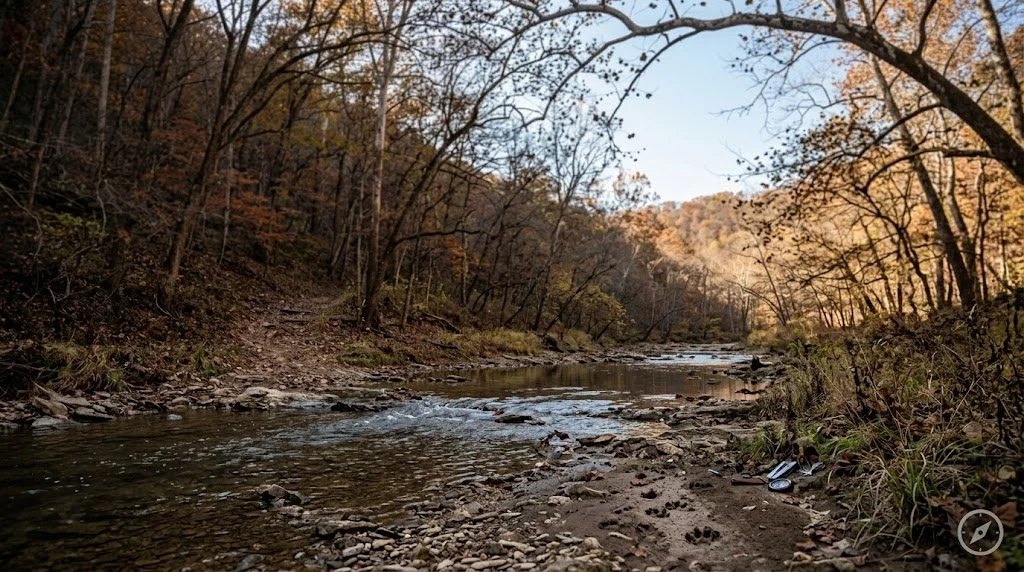 Rocky Ozark creek crossing with clear water flowing over chert gravel and fresh deer tracks on a mud bar showing a trail descending from the timbered ridge above.