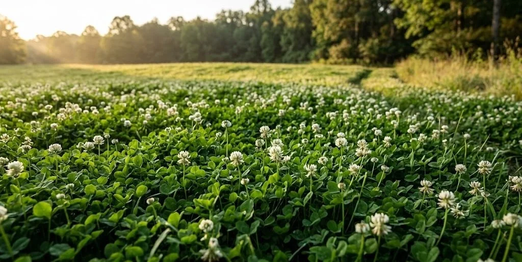 Lush green white clover food plot in late May with white flower heads and a deer trail entering from a hardwood timber edge.