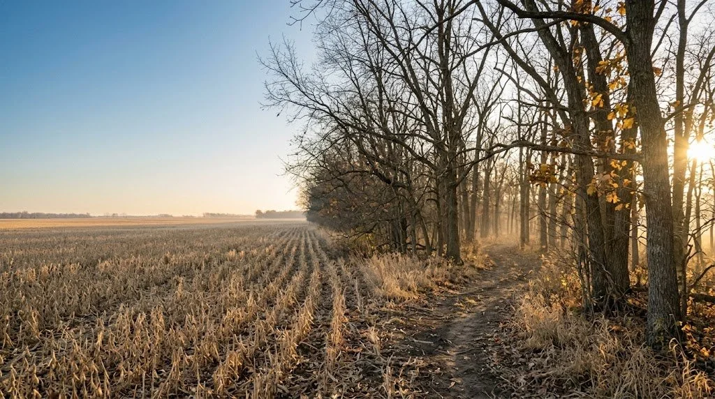 Narrow hardwood timber corridor between two harvested soybean fields on a northeast Missouri conservation area showing an inside corner deer trail at golden hour.