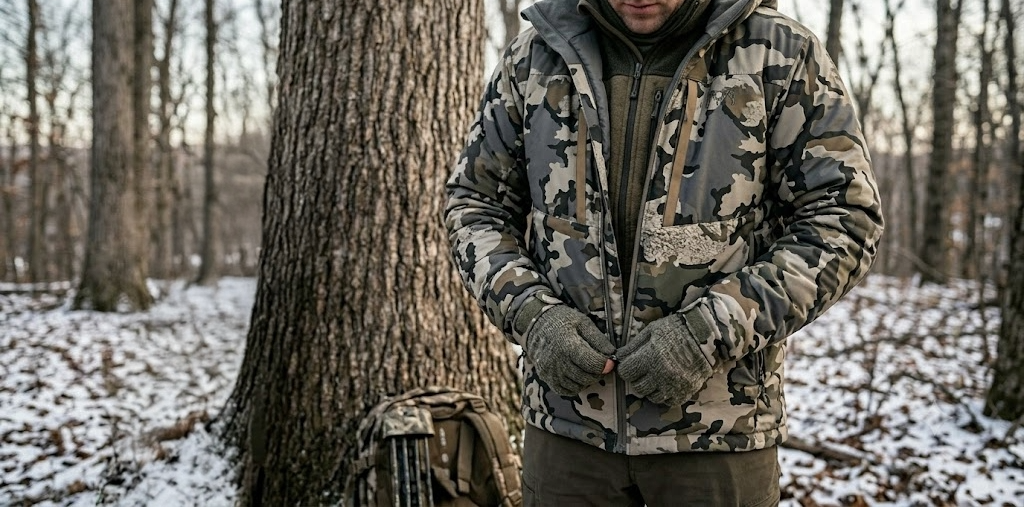 Hunter layering insulated cold-weather hunting jacket over fleece mid layer at base of oak tree before late-season treestand sit