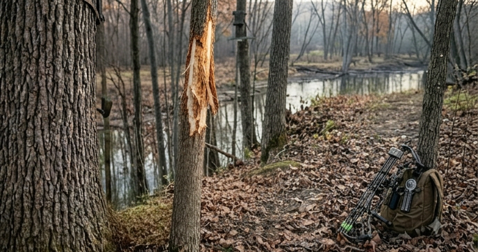 Fresh whitetail rub line on three consecutive trees along a deer trail through hardwood timber in late October with white shaved bark and sap visible on the nearest tree