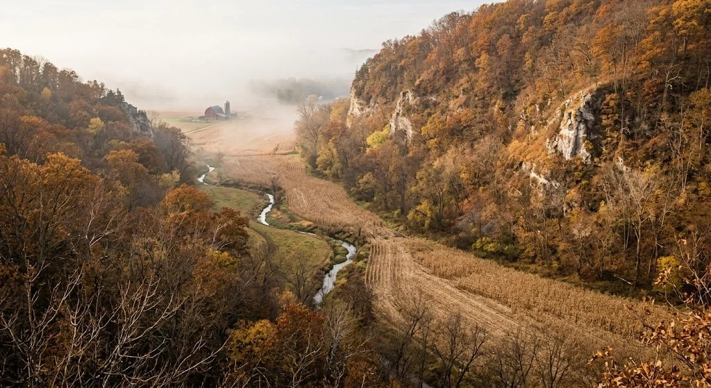 Southeast Minnesota driftless bluff country in late October with steep limestone bluffs framing a harvested corn valley with morning fog and a creek running through the bottom