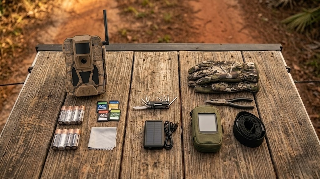 Well-organized flat lay of hunting gear related to best trail camera for public land arranged on a weathered truck tailgate at a forest trailhead in morning light