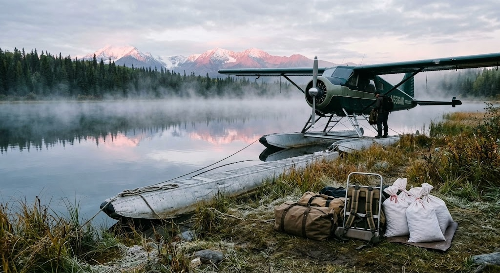 Floatplane loaded with hunting gear and game bags on a misty remote Alaska lake at dawn, the classic fly-in access point for public land hunting in Alaska.