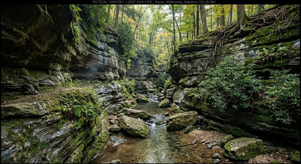 Deep sandstone canyon in the Sipsey Wilderness inside Bankhead National Forest with moss-covered walls, a clear creek, and a deer trail visible on a bench above the canyon floor