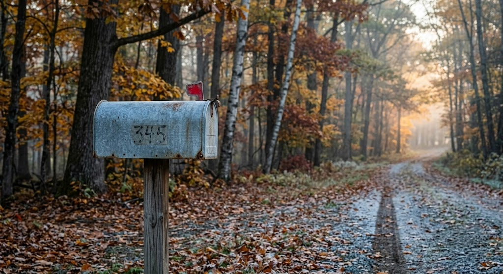 Weathered rural mailbox at the end of a gravel two-track leading into a mature hardwood forest at dawn in mid-October with morning mist, fallen leaves in gold and red, and warm sunrise light filtering through the trees.