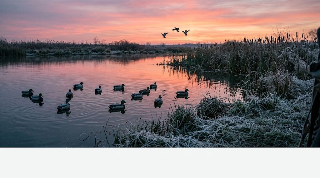 Managed wetland impoundment on a Missouri conservation area at dawn with mallard decoys, a brushed-in blind, and ducks dropping into the spread against a pink sunrise sky.