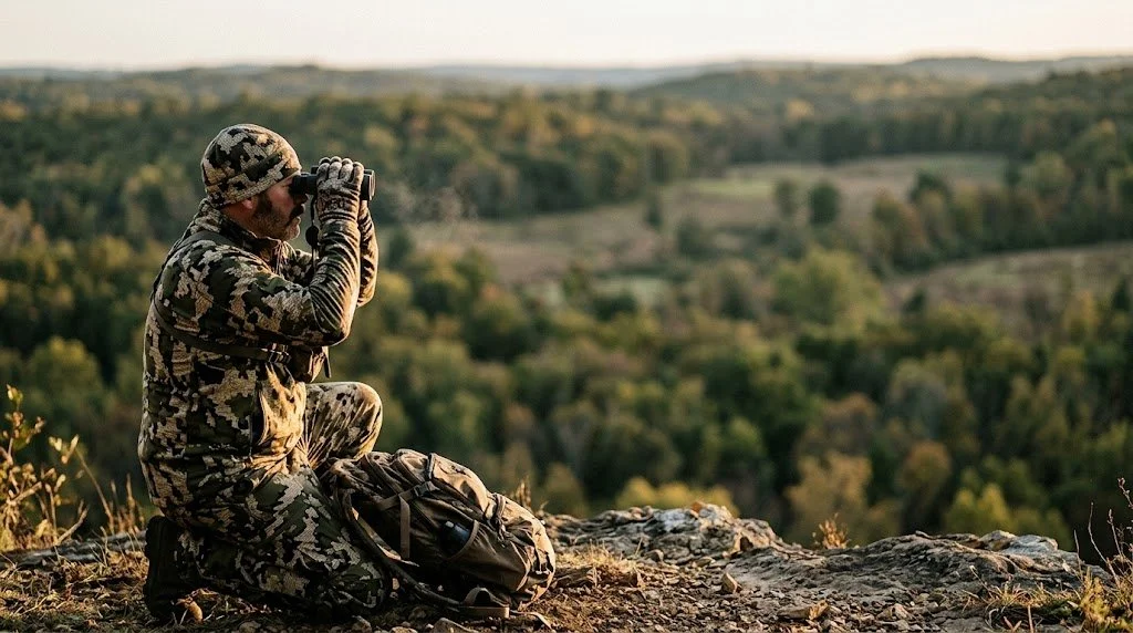 Hunter in side profile glassing through binoculars from a ridge overlooking whitetail habitat on public land with a wide landscape behind