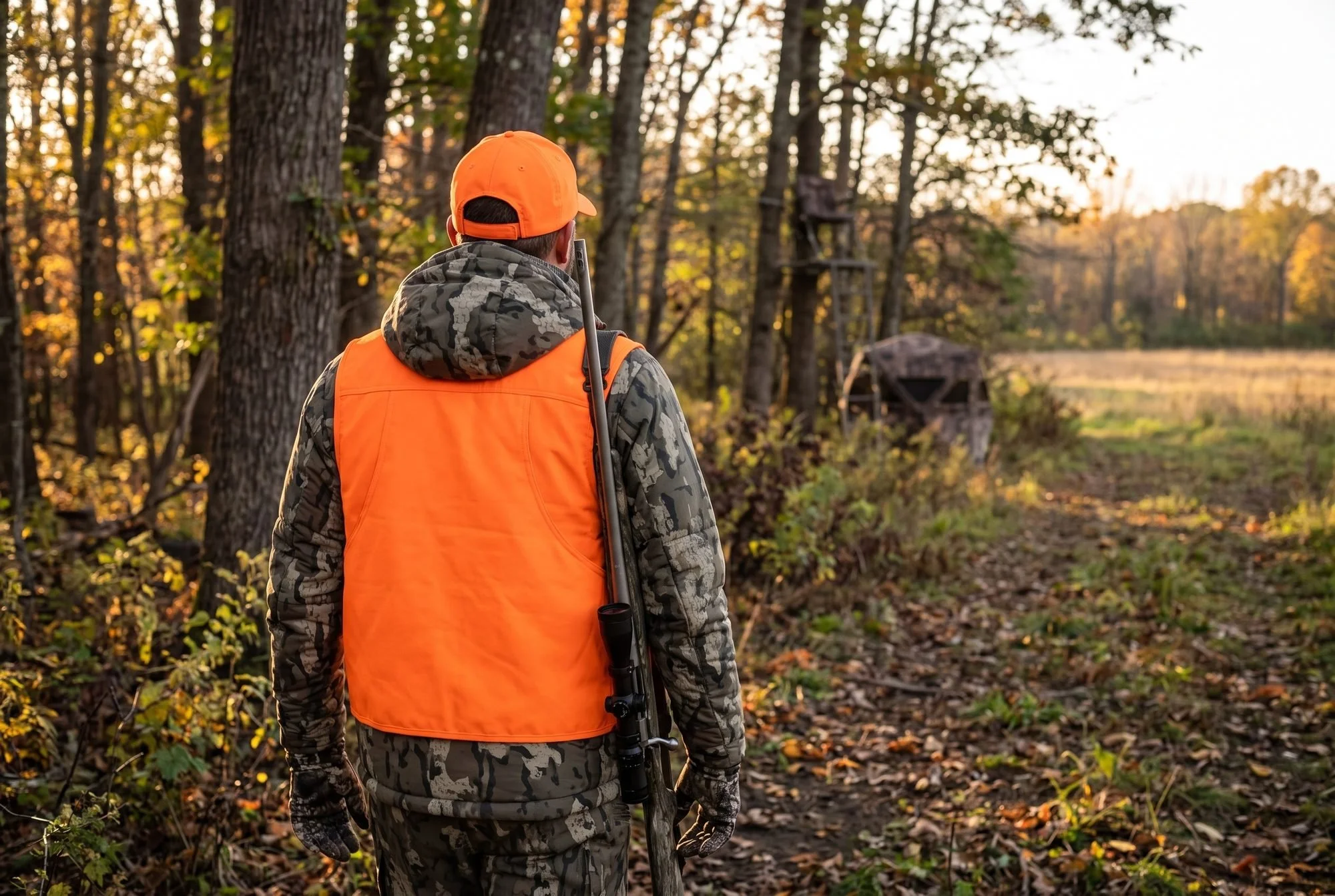 Hunter on public land showing treestand, saddle, and ground blind setup