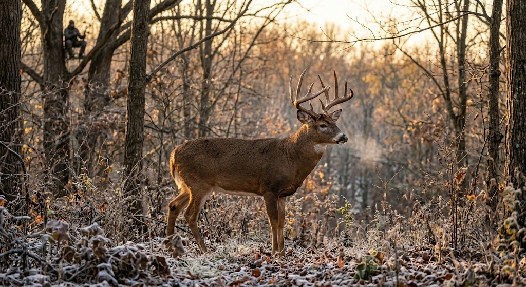 A large buck with antlers standing in a forest during autumn with light snow on the ground.
