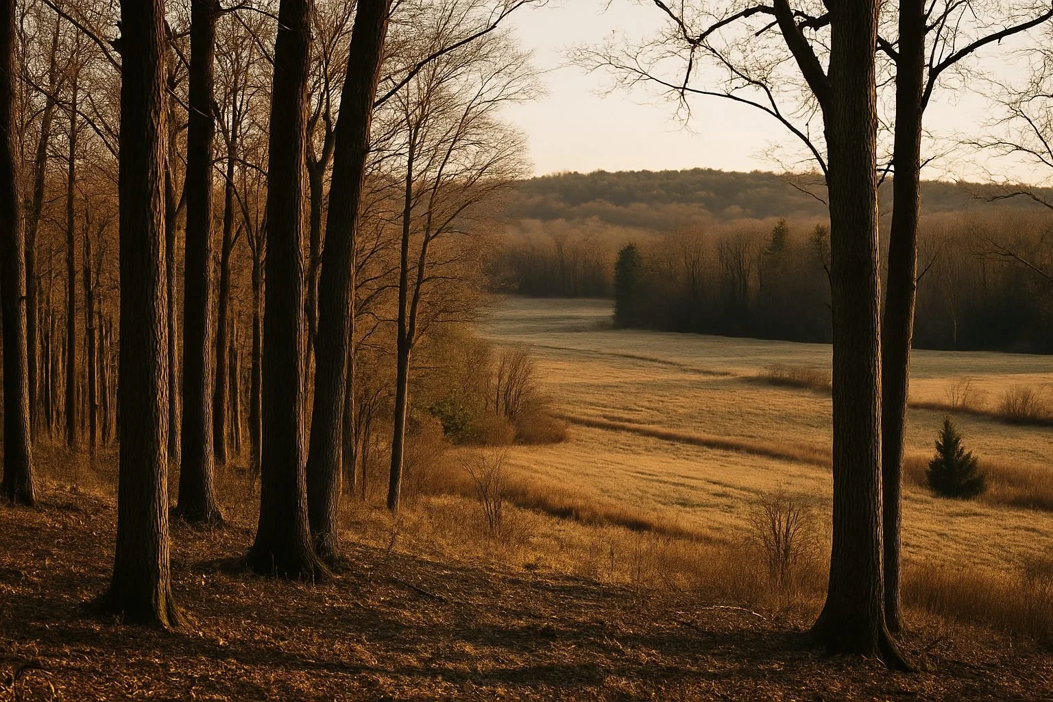 Tall, bare hardwood trunks frame an open, golden field below a wooded ridge in warm late-afternoon light.