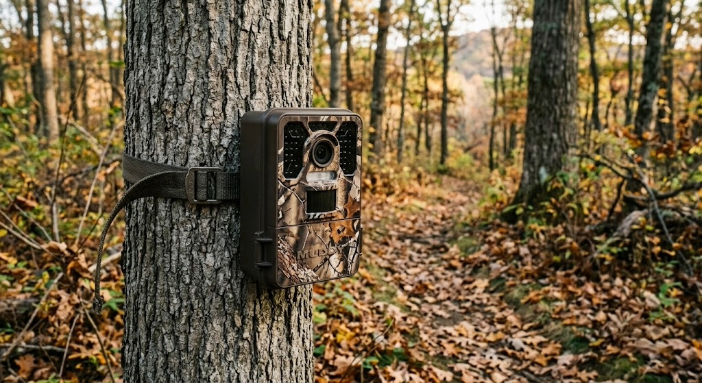 Muddy Matrix 2.0 cellular trail camera strapped to a mature oak overlooking a worn deer trail through a ridgeline saddle in autumn.